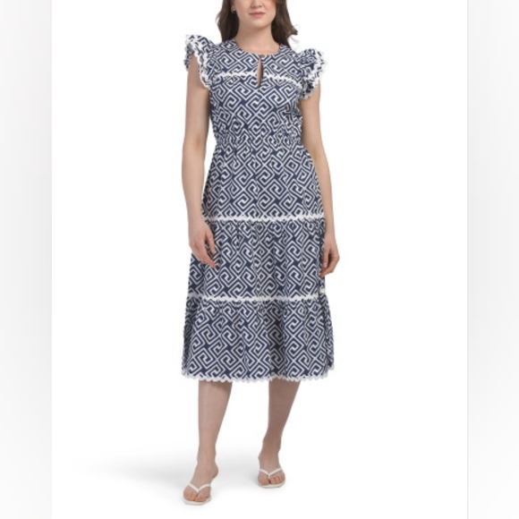 NWT - Sail to Sable Cotton Navy & White Greek Key Pattern Midi Dress - Size XL - Picture 1 of 11